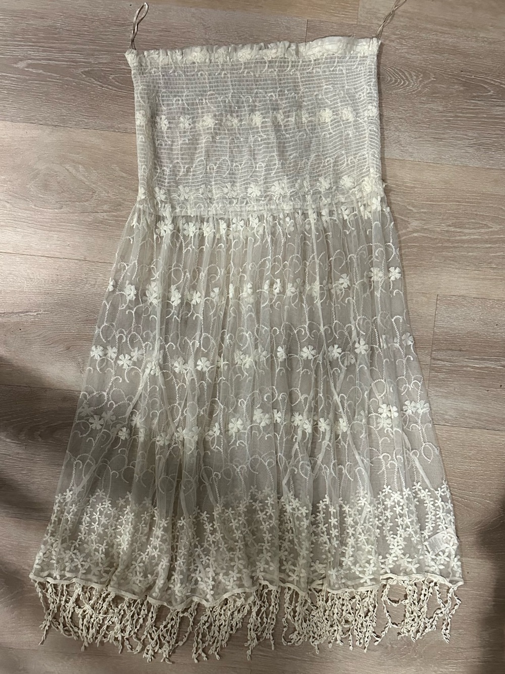 “A Little Lace” Free People Embroidered Mesh Strapless Slip Fringe Dress